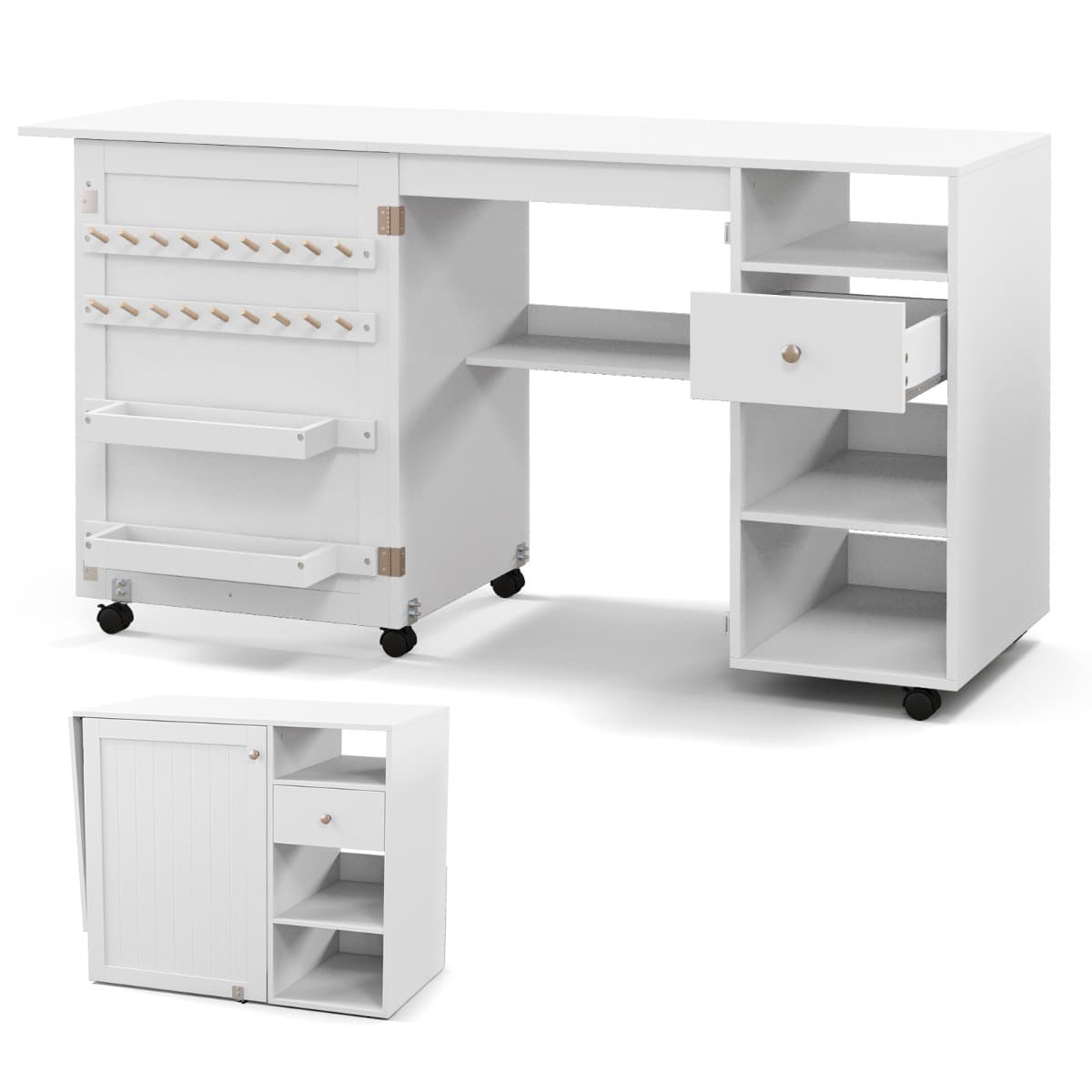 CostwayTable de Couture Pliante Etagères de Rangement Plateau Porte-fils Bureau Station d'Artisanat Polyvalente 6 Roues Verrouillables Blanc